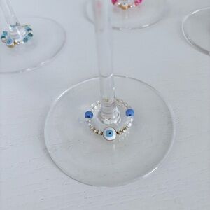 Set of 4 Handmade Custom Beaded Evil Eye Wine Charms - 14k Gold Filled Accents